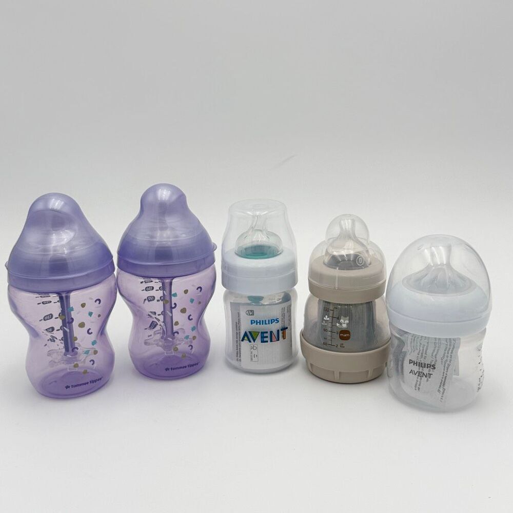 Lot of Infant 5 New Bottles Mixed Brands Avent Tommy Tippee Mam Various Nipple S